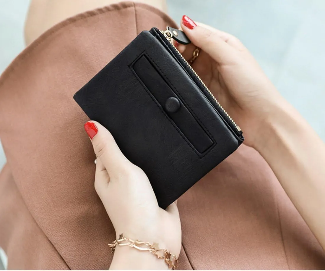 PofeeXIO Womens Wallets Small Rfid Ladies Bifold Wallet With Zipper Coin Pocket,Mini Purse Soft Compact Thin (Dark black)