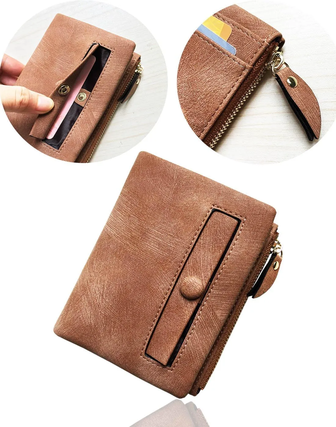 PofeeXIO Womens Wallets Small Rfid Ladies Bifold Wallet With Zipper Coin Pocket,Mini Purse Soft Compact Thin (Light Brown)