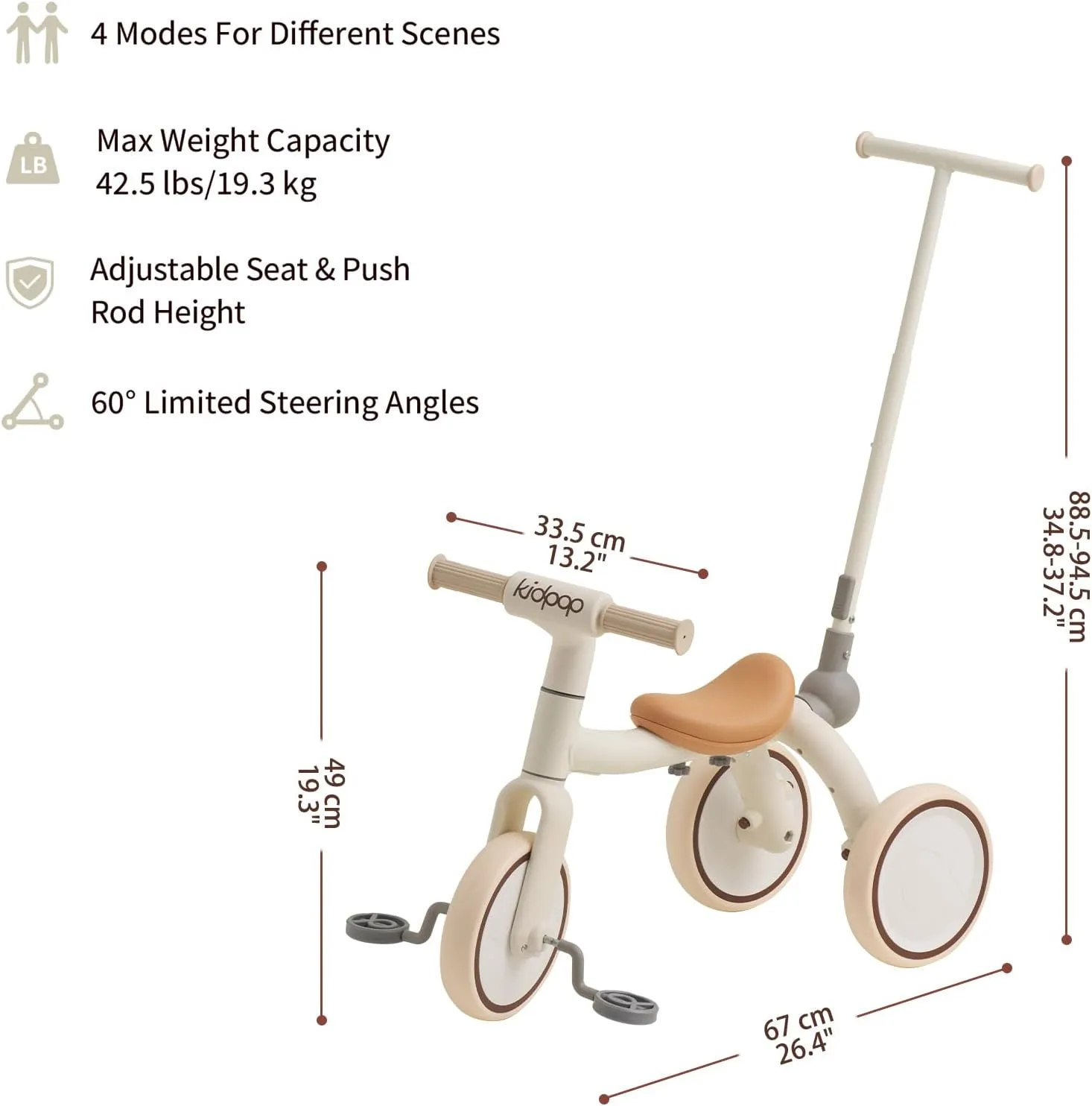 Pony 4-in-1 Kids' Tricycles Pedal Vehicles for 1-4 Push Slide Ride On Toy Balance Bike Baby Walker Stroller (White)