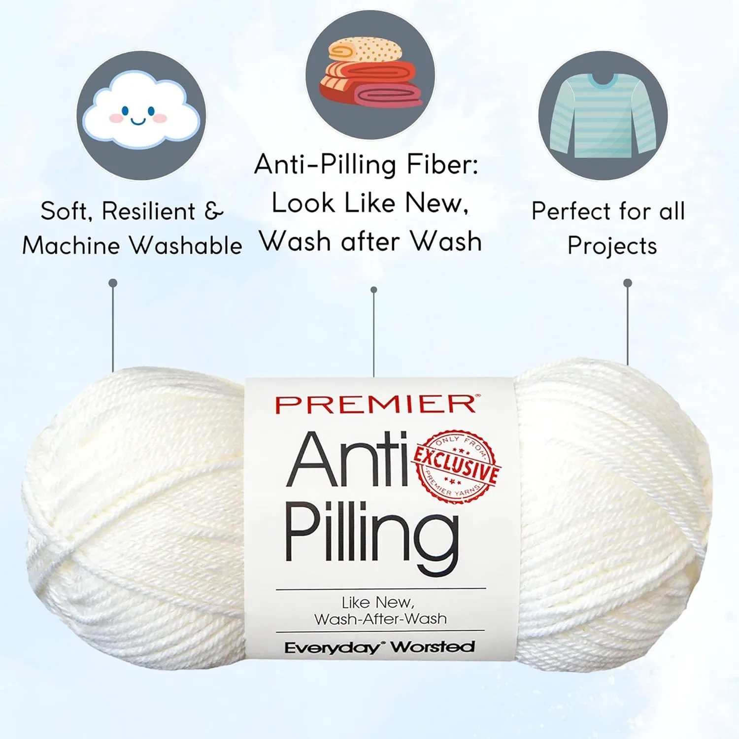 Premier Yarns Everyday Anti-Pilling Solid Snow White DN100-1 (3-Skeins - Same Dye Lot) #4 Worsted Weight Acrylic Yarn for Crocheting and Knitting with Project Bag