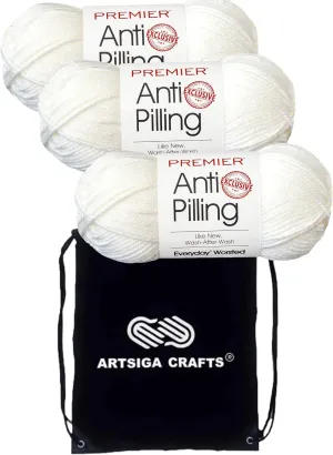 Premier Yarns Everyday Anti-Pilling Solid Snow White DN100-1 (3-Skeins - Same Dye Lot) #4 Worsted Weight Acrylic Yarn for Crocheting and Knitting with Project Bag