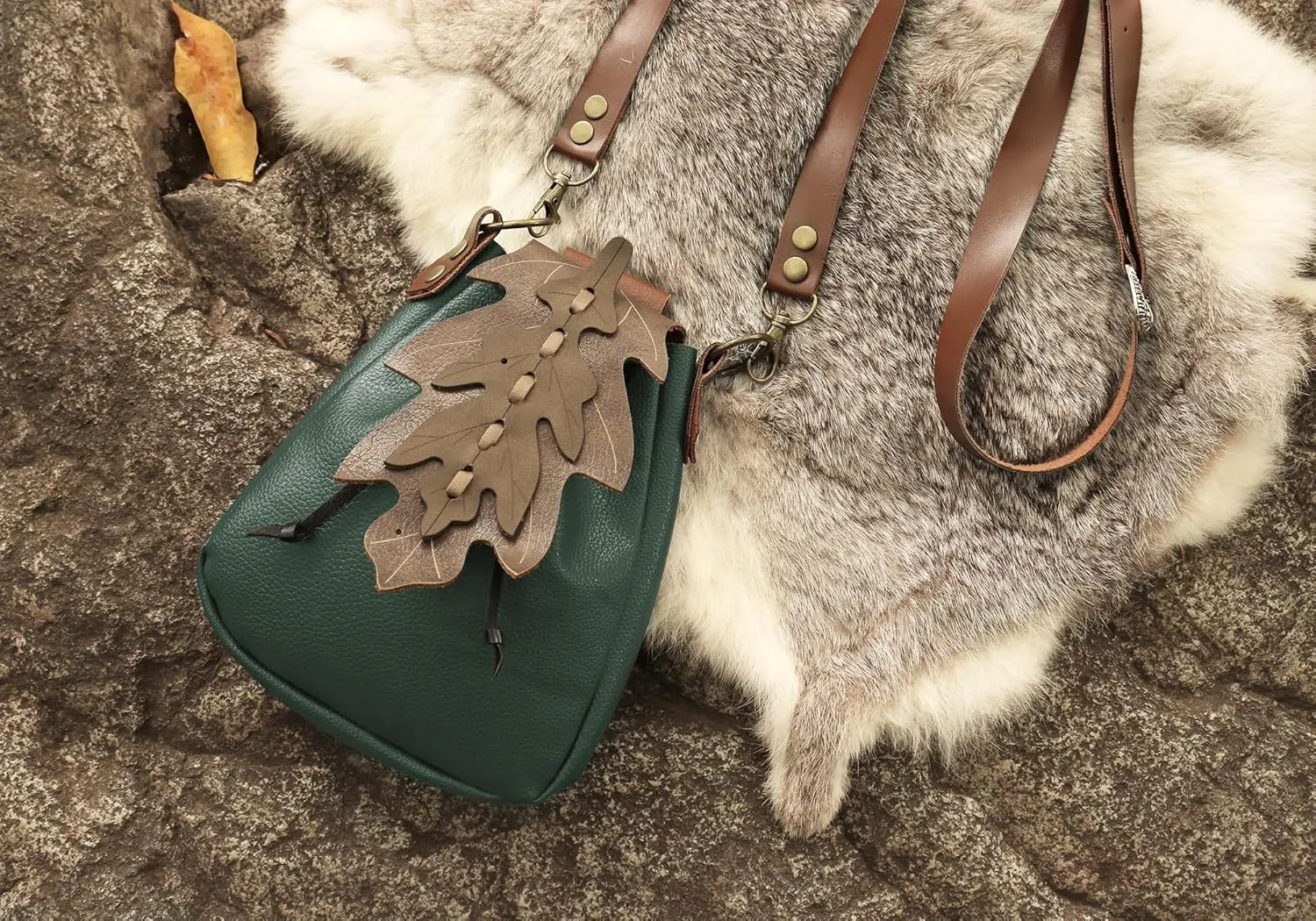 PROCOS Medieval Drawstring Faux Leather Shoulder Bag & Belt Pouch Renaissance Vintage Waist Pack Halloween Fairy ELF Cosplay (Green)