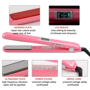 Professional Recovers Damaged Hair Tool with Ultrasonic Infrared Hair Care Iron, Cold Flat Iron Hair Treament Styler, LCD Display, Infrared Hair Straightener Ceramic Flat Iron (Pink)