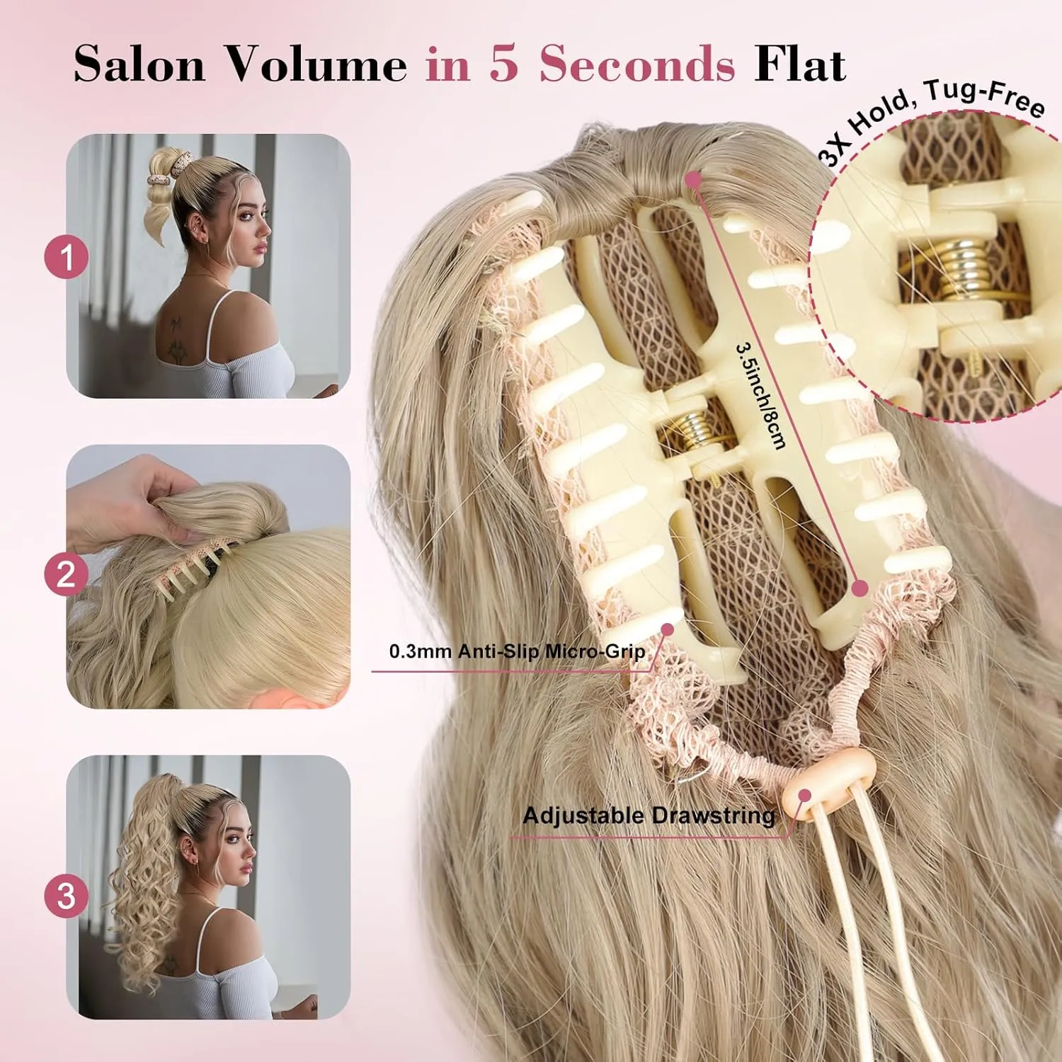 QGZ 20" Wavy Ponytail Extension, Claw Clip Ponytail Hair Extension, Natural Synthetic Hairpiece for Women Daily Use(Blonde with Light Blonde Ends)