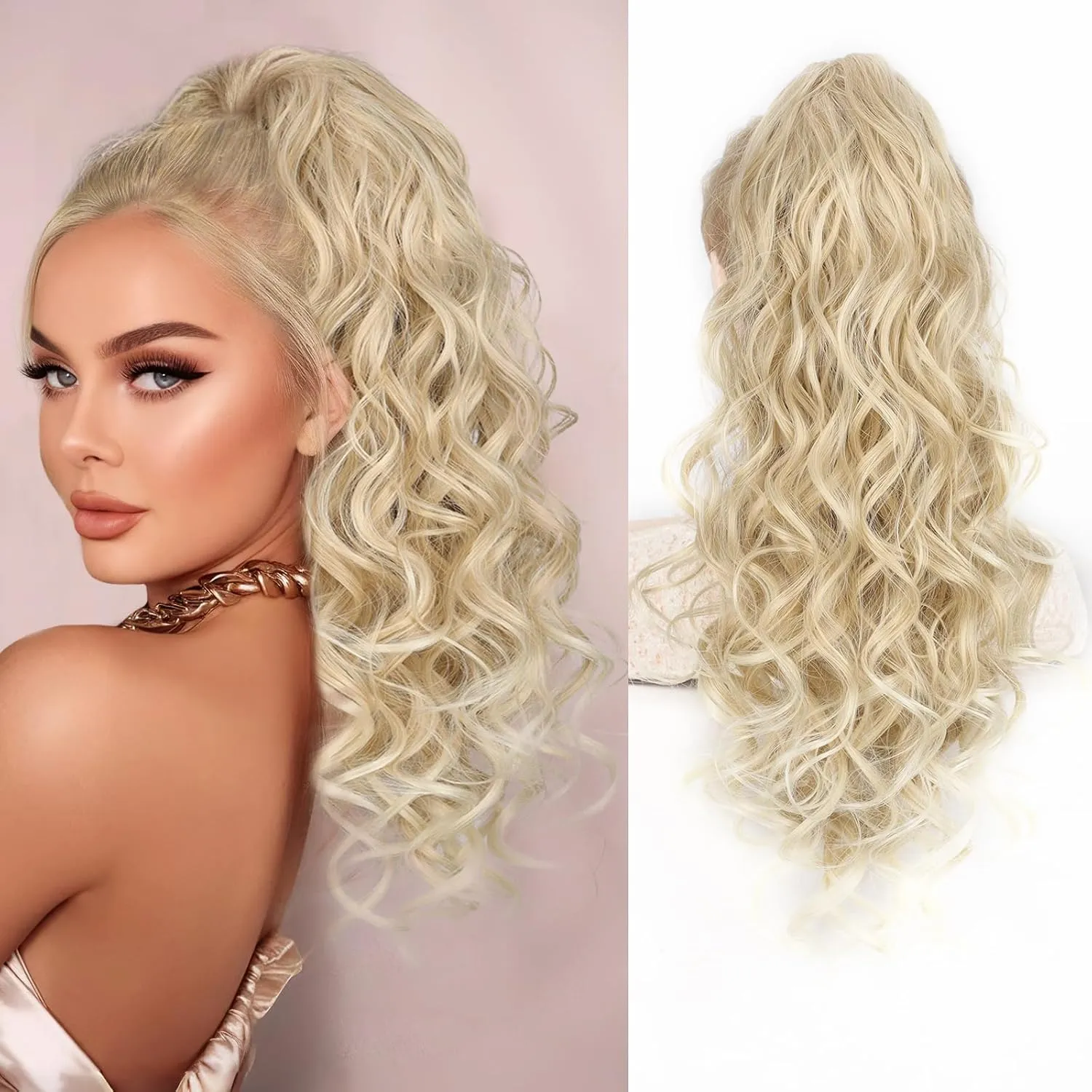 QGZ 20" Wavy Ponytail Extension, Claw Clip Ponytail Hair Extension, Natural Synthetic Hairpiece for Women Daily Use(Blonde with Light Blonde Ends)