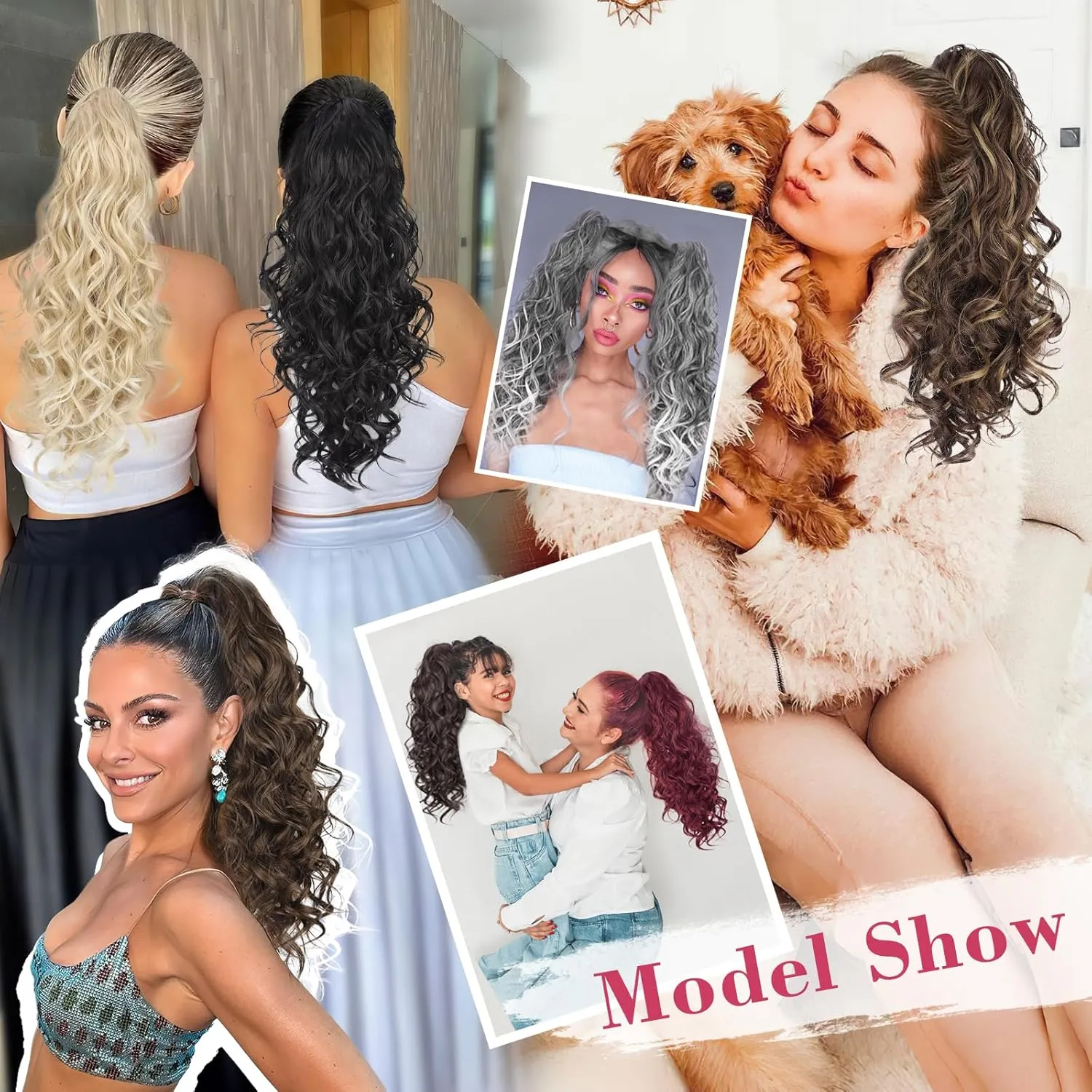QGZ Ponytail Extension 20 Inch Claw Clip Ponytail Hair Extension Natural Synthetic Curly Wavy Hairpiece for Women Daily Use(Black)