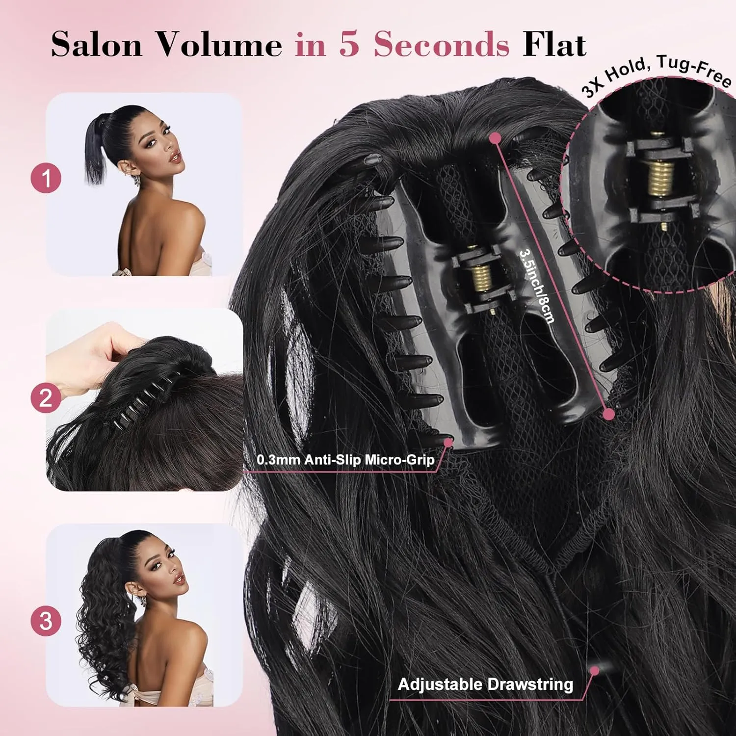 QGZ Ponytail Extension 20 Inch Claw Clip Ponytail Hair Extension Natural Synthetic Curly Wavy Hairpiece for Women Daily Use(Black)