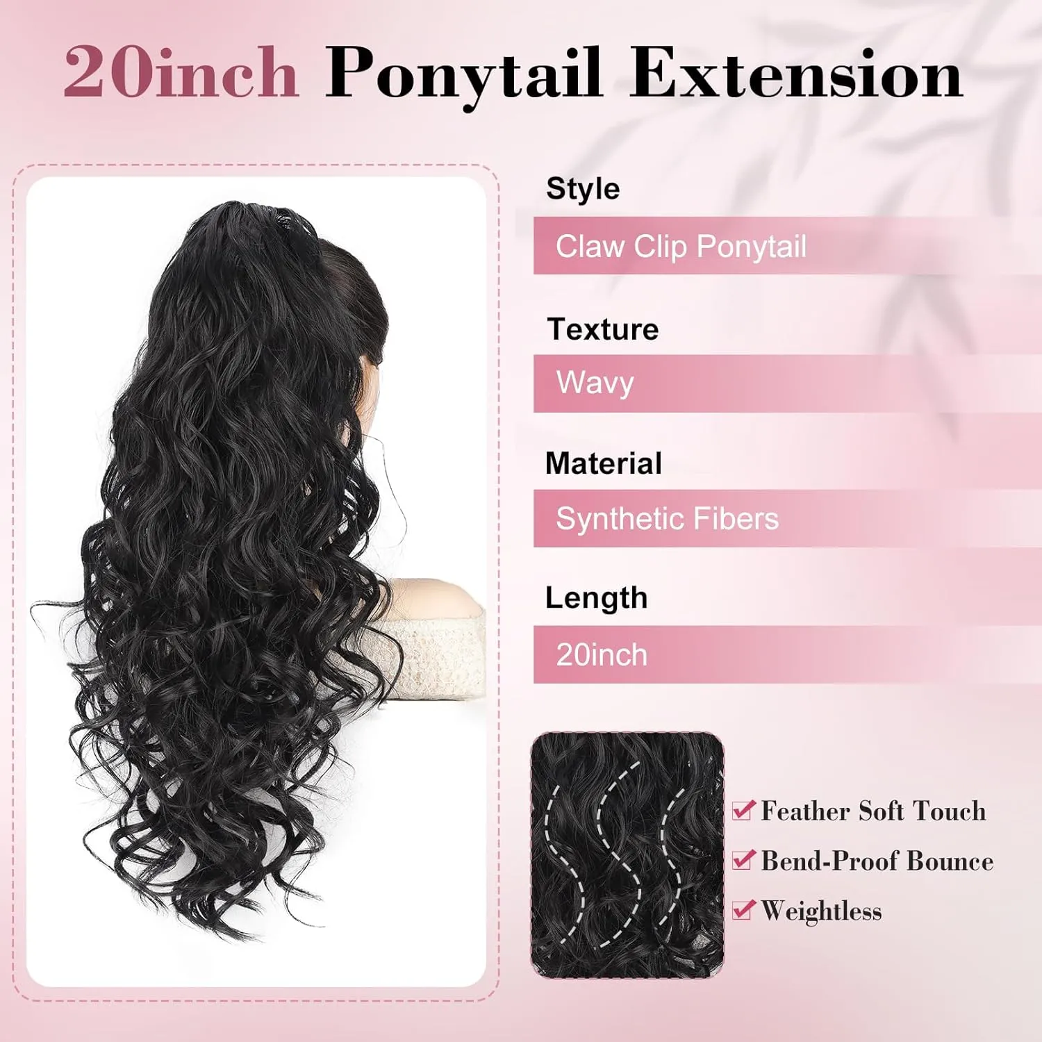 QGZ Ponytail Extension 20 Inch Claw Clip Ponytail Hair Extension Natural Synthetic Curly Wavy Hairpiece for Women Daily Use(Black)