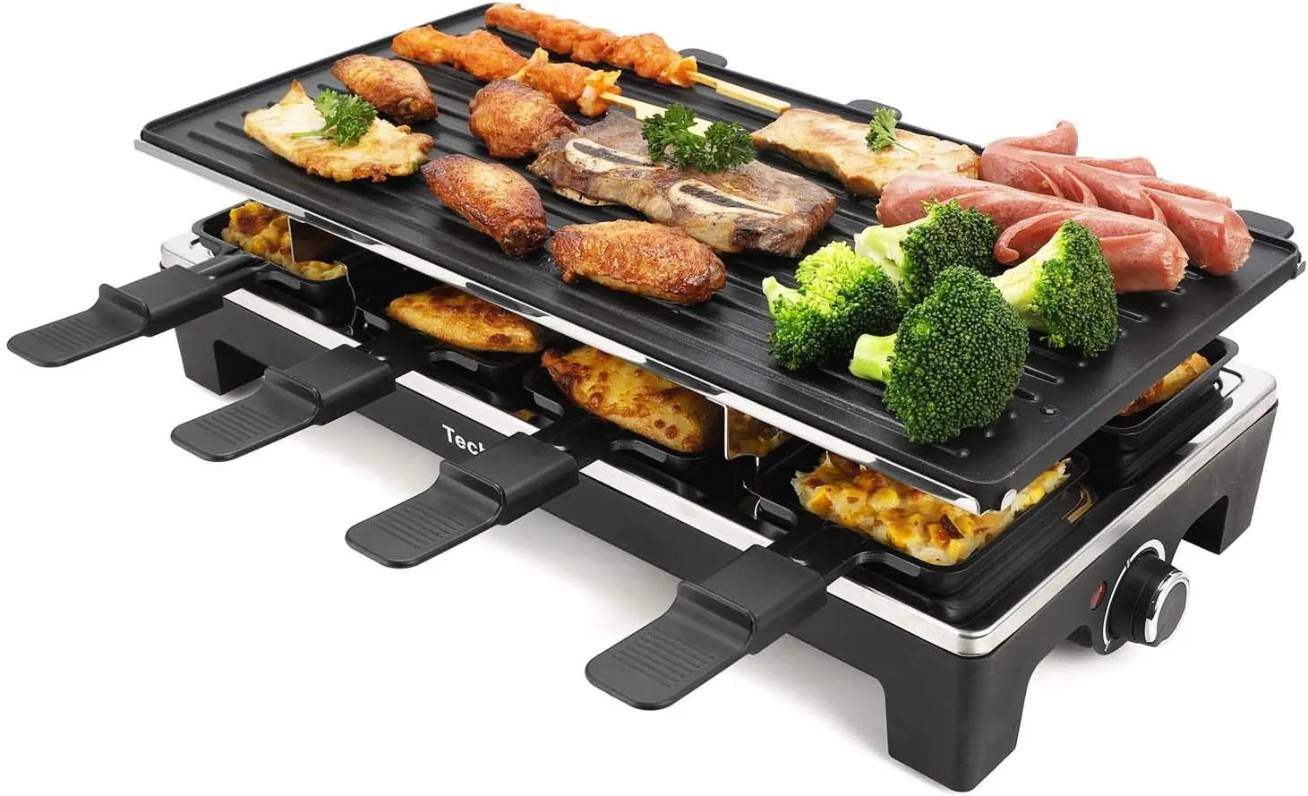 Raclette Grill, Techwood Electric Table Indoor Grill Korean BBQ Grill, Removable 2-in-1 Non-Stick Grill Plate, 1500W Fast Heating with 8 Cheese Melt Pans, Ideal for Parties and Family Fun