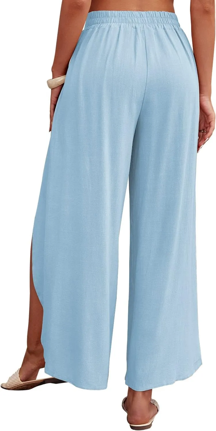 ReachMe Womens Casual Palazzo High Waisted Flowy Wide Leg Pants Bowtie Front Split Wrap Pants Trousers