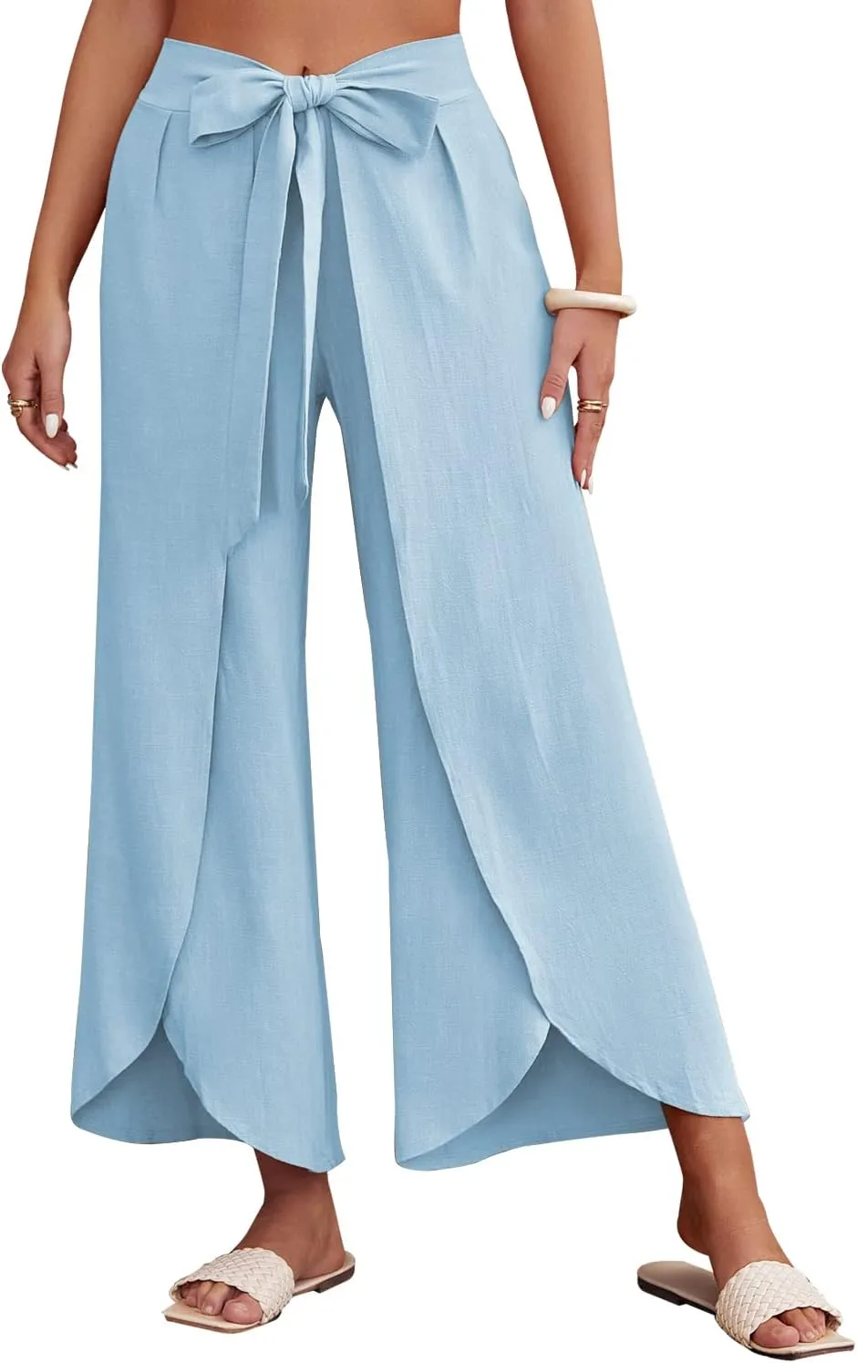 ReachMe Womens Casual Palazzo High Waisted Flowy Wide Leg Pants Bowtie Front Split Wrap Pants Trousers