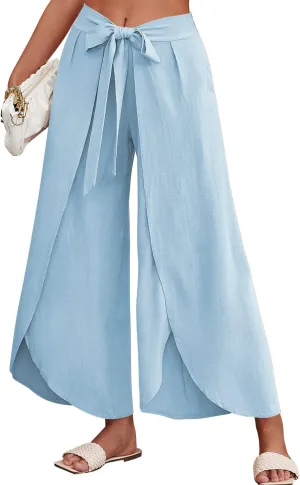 ReachMe Womens Casual Palazzo High Waisted Flowy Wide Leg Pants Bowtie Front Split Wrap Pants Trousers