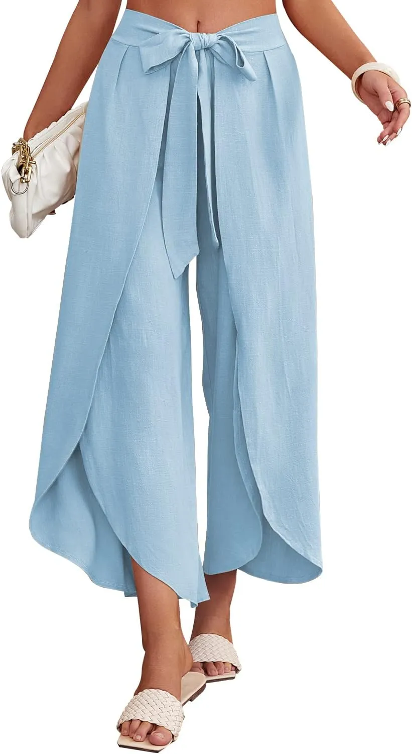 ReachMe Womens Casual Palazzo High Waisted Flowy Wide Leg Pants Bowtie Front Split Wrap Pants Trousers