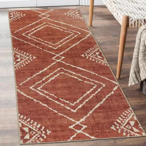ReaLife Rugs Machine Washable Area Rug Runner - Living Room Bedroom Bathroom Kitchen Entryway Office - Padded Low Pile Stain Resistant Premium - Moroccan Diamond Tribal - Jax - Orange 2'6" x 8'