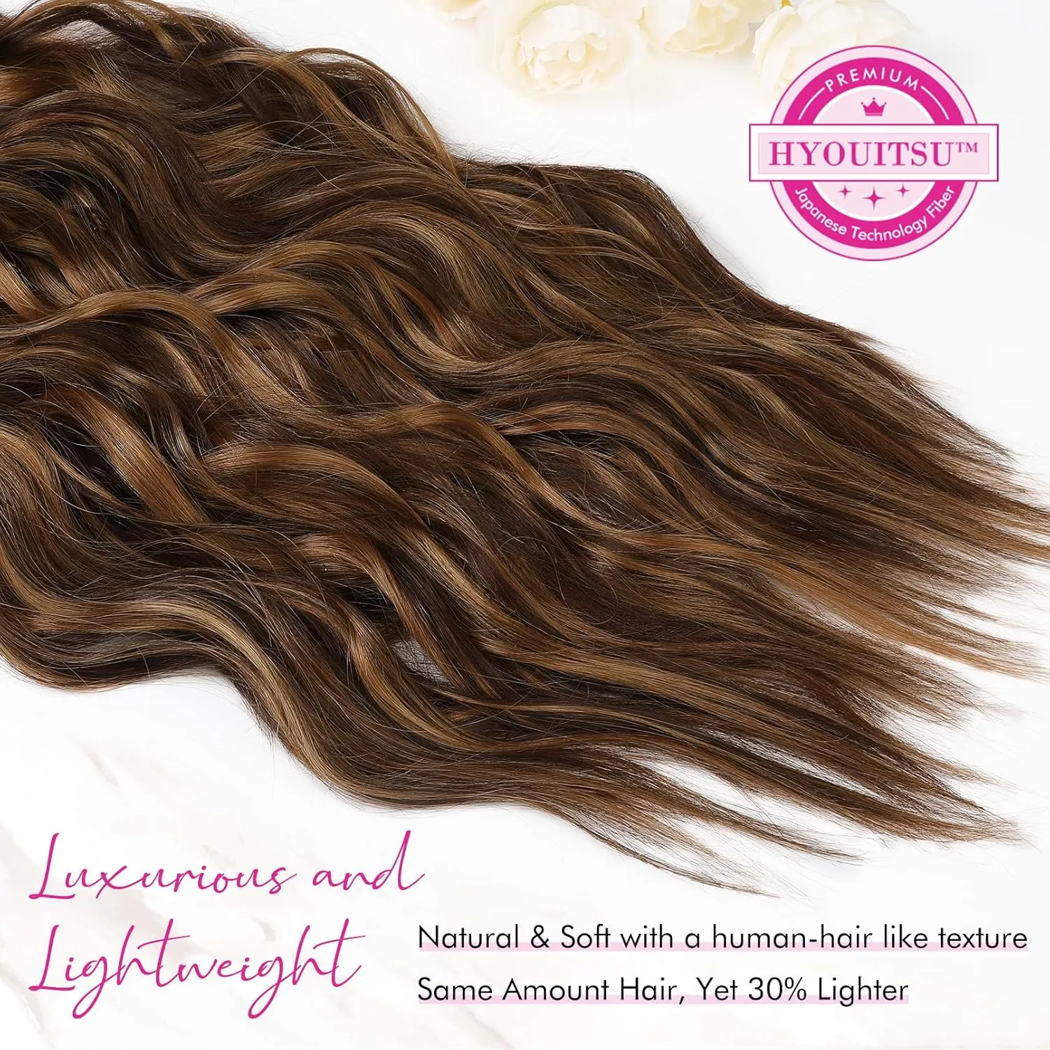 REECHO Clip in Hair Extensions, 4PCS BHair Extensions 24" Thick Long Beach Waves hair extensions HE003 Invisible Lace Weft – Chocolate Brown with Golden Highlights