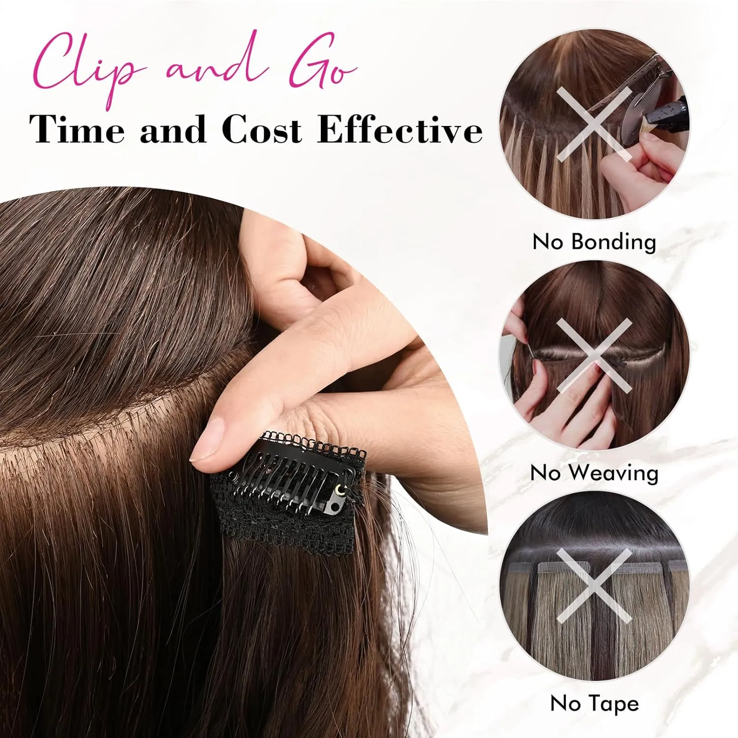 REECHO Clip in Hair Extensions, 4PCS BHair Extensions 24" Thick Long Beach Waves hair extensions HE003 Invisible Lace Weft – Chocolate Brown with Golden Highlights