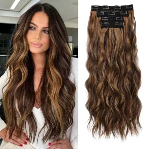 REECHO Clip in Hair Extensions, 4PCS BHair Extensions 24" Thick Long Beach Waves hair extensions HE003 Invisible Lace Weft – Chocolate Brown with Golden Highlights