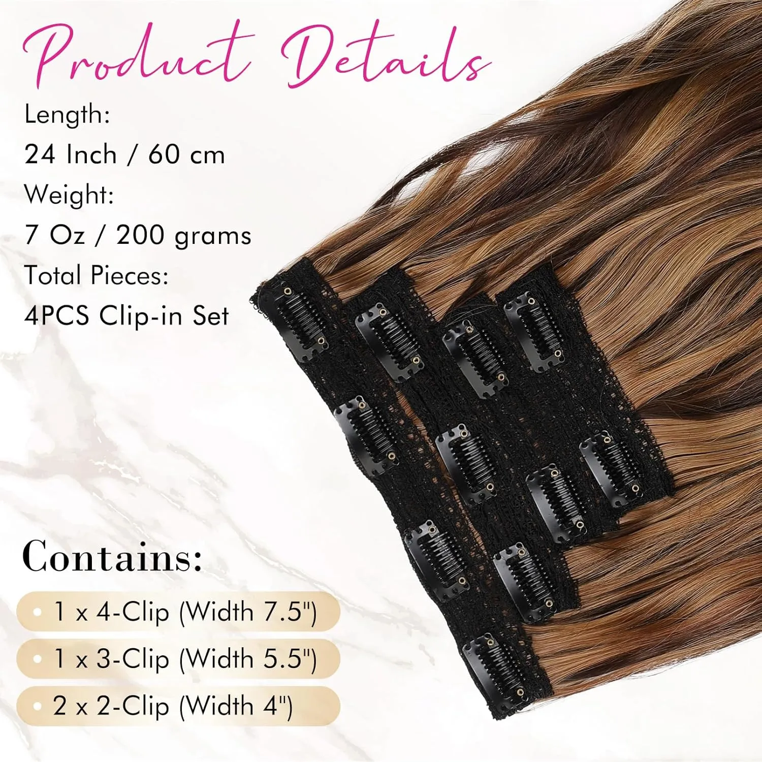 REECHO Clip in Hair Extensions, 4PCS BHair Extensions 24" Thick Long Beach Waves hair extensions HE003 Invisible Lace Weft – Chocolate Brown with Golden Highlights