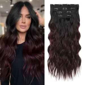 REECHO Clip in Hair Extensions, 4PCS Hair Extensions 24" Thick Long Beach Waves hair extensions HE003 Invisible Lace Weft Natural Soft Hairpieces for Women (Black to Burgundy Ombre)
