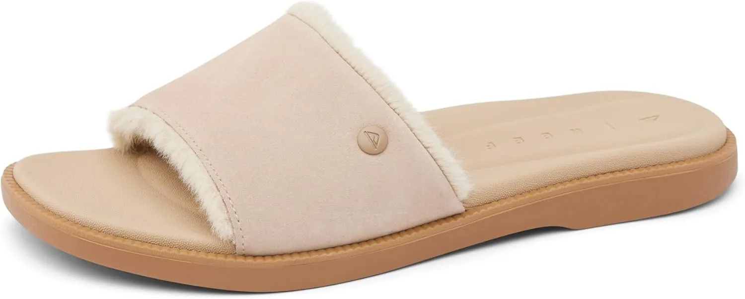 REEF Sunny Arrianah Cozy Women's Slide Sandal, Full Grain Leather, Soft Faux Fur Lined Strap