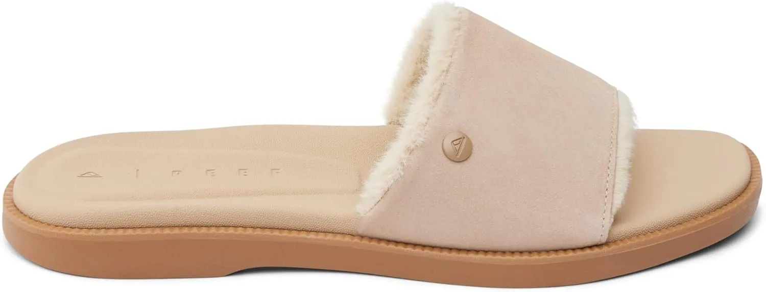 REEF Sunny Arrianah Cozy Women's Slide Sandal, Full Grain Leather, Soft Faux Fur Lined Strap