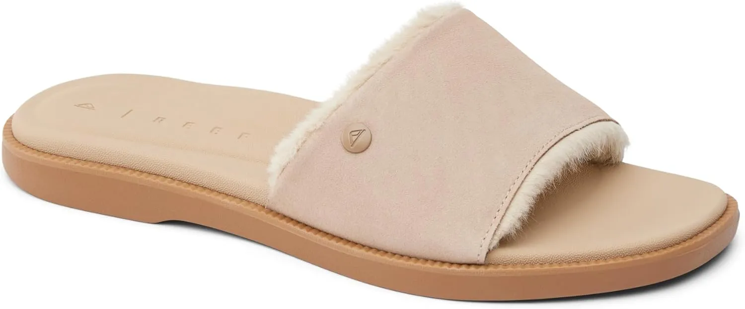 REEF Sunny Arrianah Cozy Women's Slide Sandal, Full Grain Leather, Soft Faux Fur Lined Strap