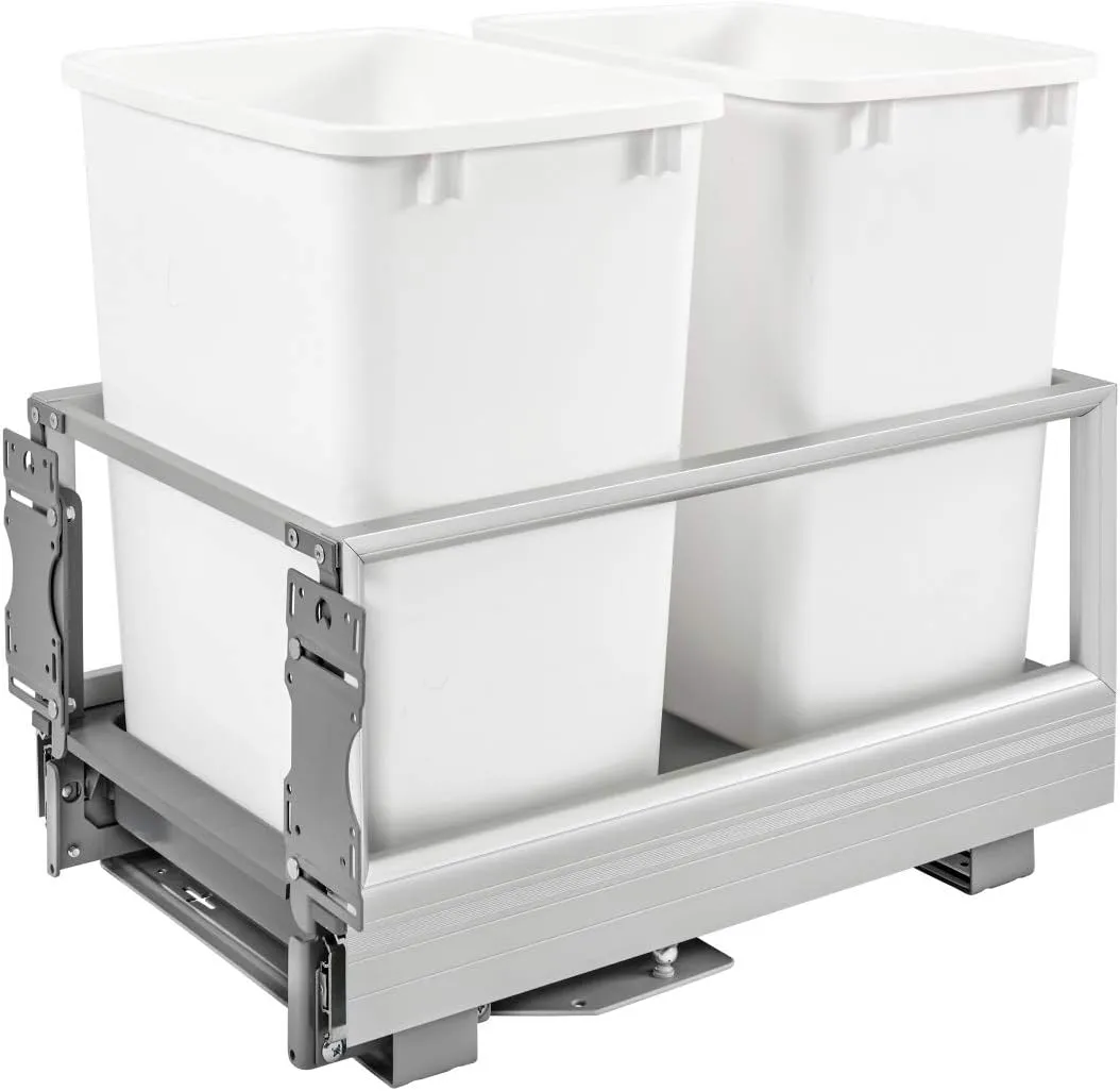 Rev-A-Shelf - 5149-18DM-211 - Double 35 Qt. Pull-Out Brushed Aluminum and White Waste Container with Rev-A-Motion