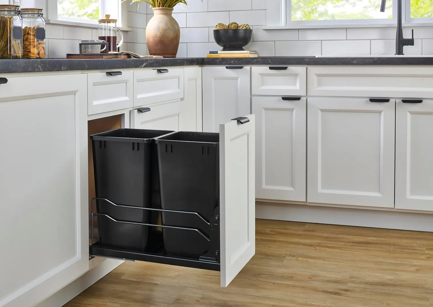 Rev-A-Shelf Double Pullout Trash Cans for Full Height Kitchen Cabinets 50 Quart 12.5 Gallon with Soft-Close Slides, White, 53WC-2150SCDM-211