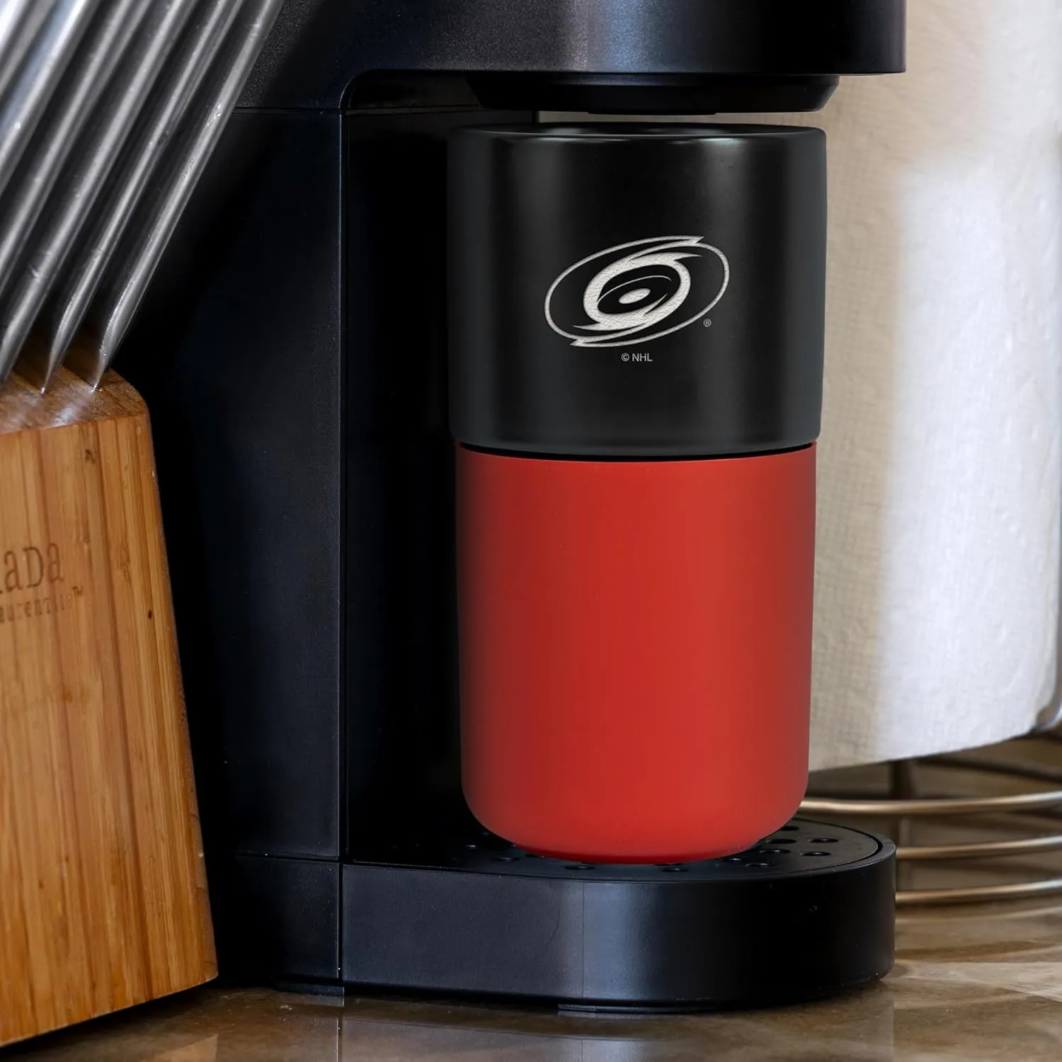 Rico Industries NHL Carolina Hurricanes 16 oz Ceramic Tumbler with Silicone Grip, Deep Laser Engraved, Black and Red Colored Design with Slide Lid, Travel Coffee Mug, Matte Glaze