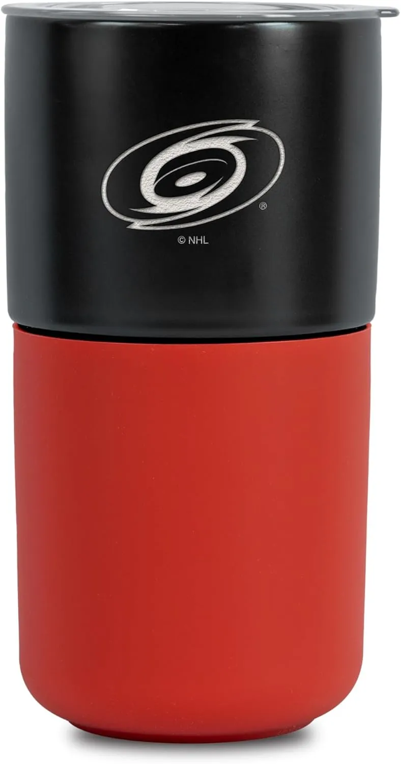 Rico Industries NHL Carolina Hurricanes 16 oz Ceramic Tumbler with Silicone Grip, Deep Laser Engraved, Black and Red Colored Design with Slide Lid, Travel Coffee Mug, Matte Glaze