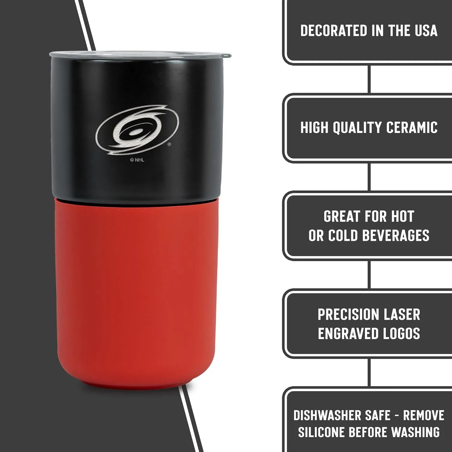 Rico Industries NHL Carolina Hurricanes 16 oz Ceramic Tumbler with Silicone Grip, Deep Laser Engraved, Black and Red Colored Design with Slide Lid, Travel Coffee Mug, Matte Glaze