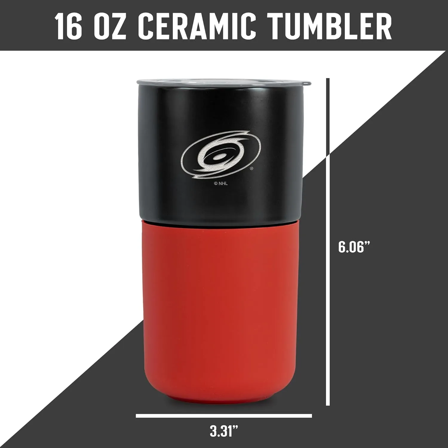 Rico Industries NHL Carolina Hurricanes 16 oz Ceramic Tumbler with Silicone Grip, Deep Laser Engraved, Black and Red Colored Design with Slide Lid, Travel Coffee Mug, Matte Glaze