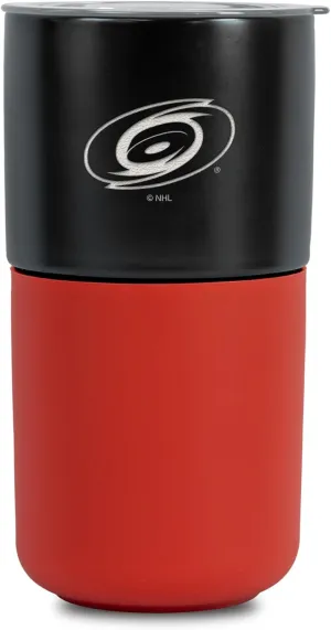 Rico Industries NHL Carolina Hurricanes 16 oz Ceramic Tumbler with Silicone Grip, Deep Laser Engraved, Black and Red Colored Design with Slide Lid, Travel Coffee Mug, Matte Glaze