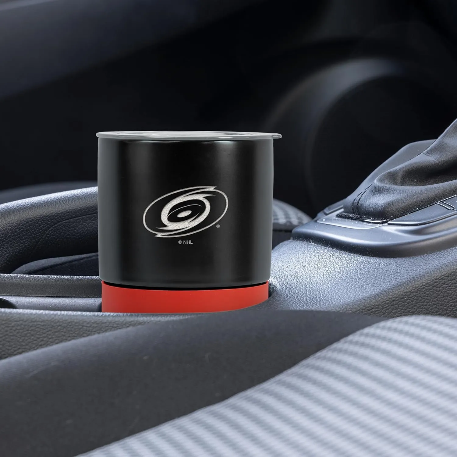 Rico Industries NHL Carolina Hurricanes 16 oz Ceramic Tumbler with Silicone Grip, Deep Laser Engraved, Black and Red Colored Design with Slide Lid, Travel Coffee Mug, Matte Glaze