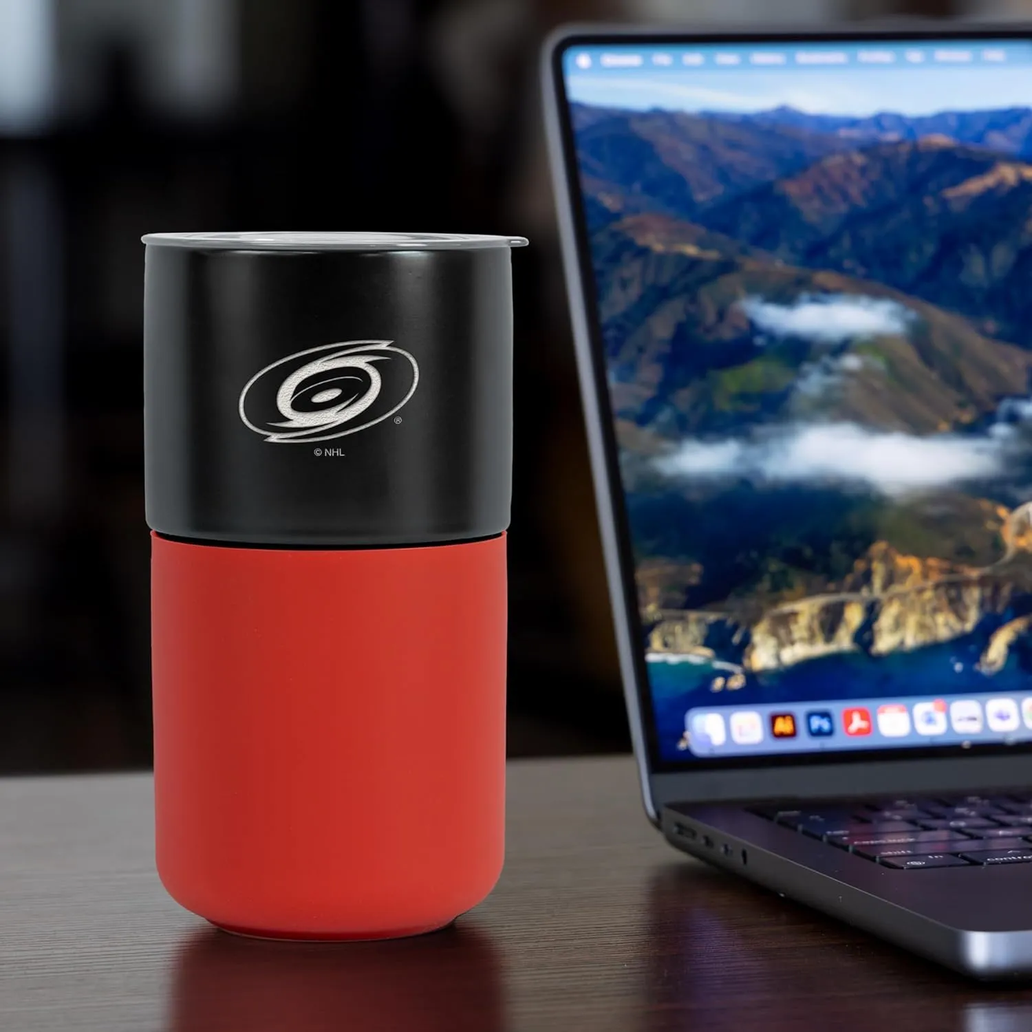 Rico Industries NHL Carolina Hurricanes 16 oz Ceramic Tumbler with Silicone Grip, Deep Laser Engraved, Black and Red Colored Design with Slide Lid, Travel Coffee Mug, Matte Glaze