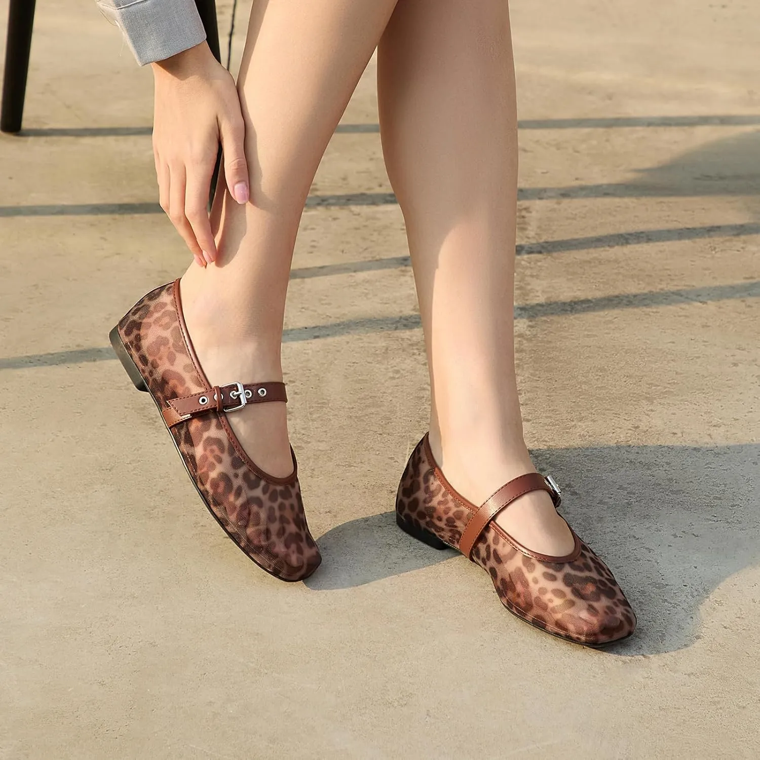 Rihero Mesh Ballet Flats for Women Square Toe Buckle Strap Mary Jane Flats Comfortable Casual Ballerina Shoes