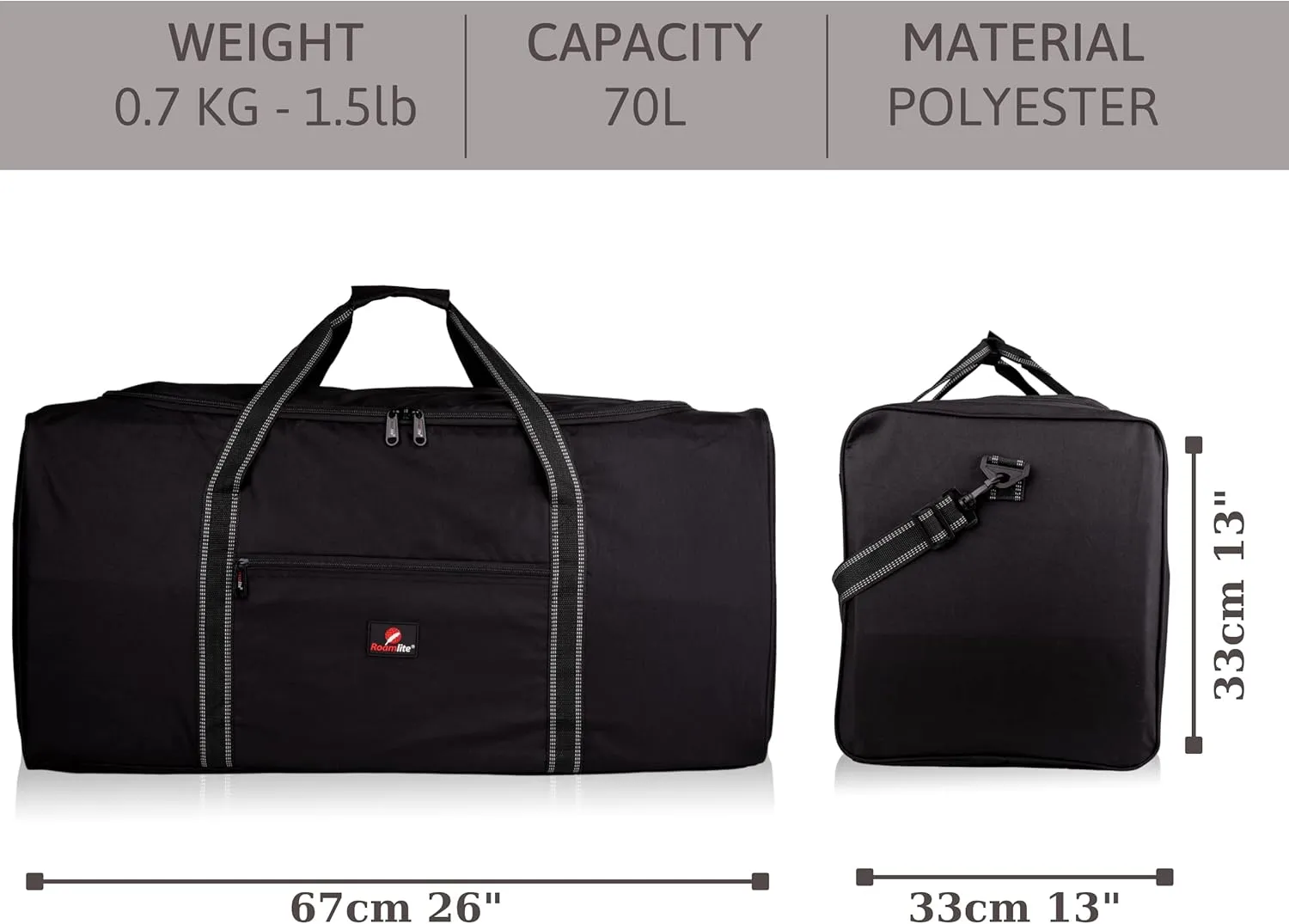 Roamlite Extra Large Size X-L 26" Duffel Bag - Very Big Holdall, Cargo Travel Luggage - 70 Litre 26 Inch x13x13 Plain Black, RL26K