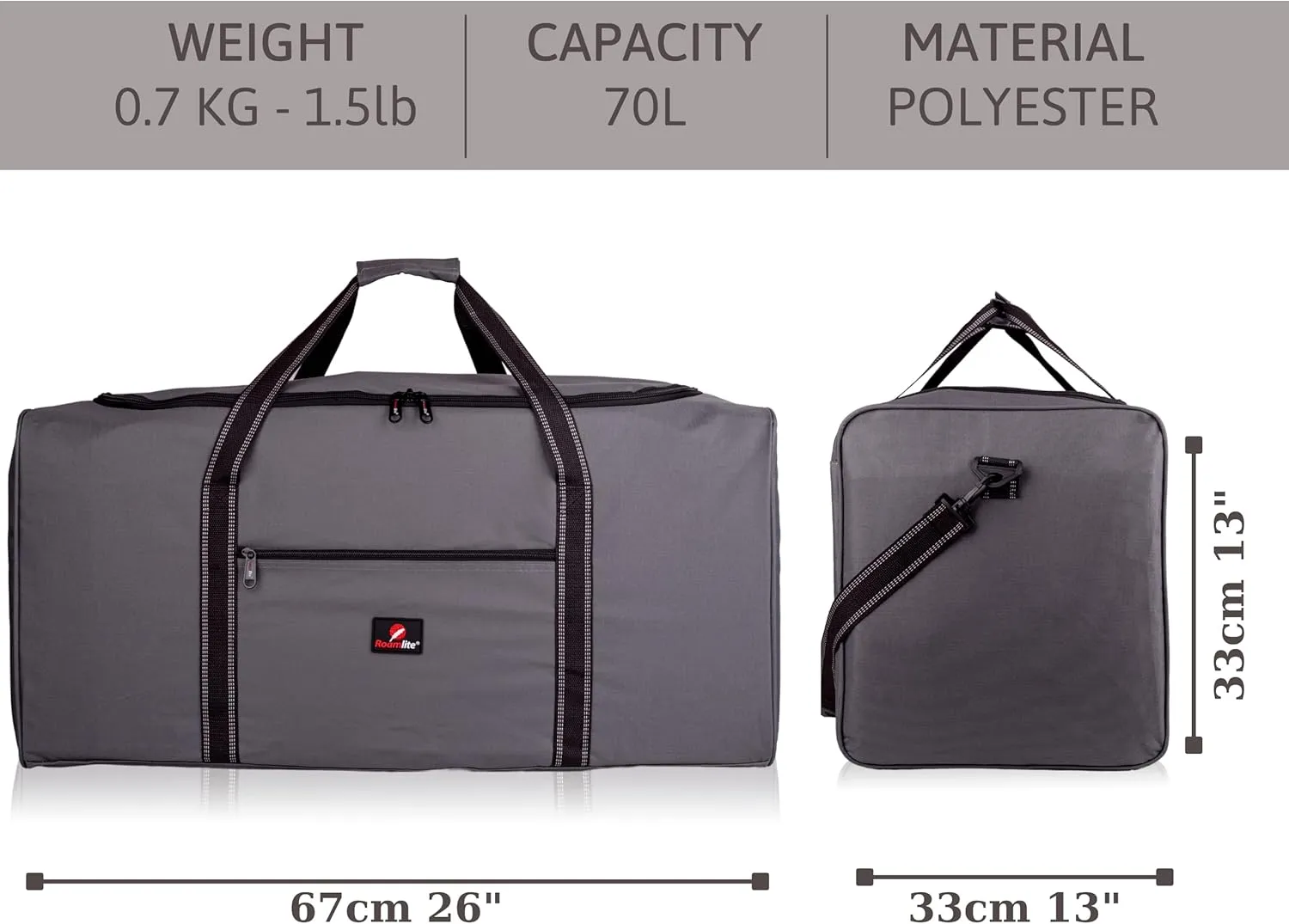Roamlite Extra Large Size X-L 26" Duffel Bag - Very Big Sports, Gym, Training Holdall, Cargo Travel Luggage - 70 Litre 26 Inch x13x13 Gray, RL26GY