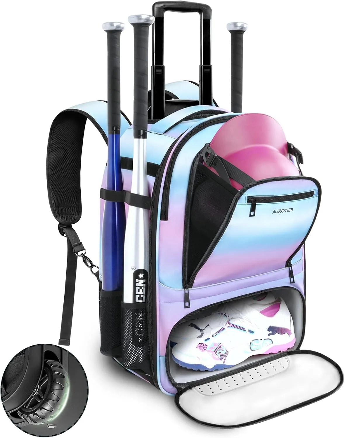 Rolling Baseball Backpack with Off-road Wheels, Wheeled Catchers Gear Bag for Baseball Equipment, 4 Bats, Large Softball Bag for TBall, Helmet & Accessories with Fence Hook