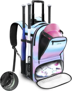 Rolling Baseball Backpack with Off-road Wheels, Wheeled Catchers Gear Bag for Baseball Equipment, 4 Bats, Large Softball Bag for TBall, Helmet & Accessories with Fence Hook