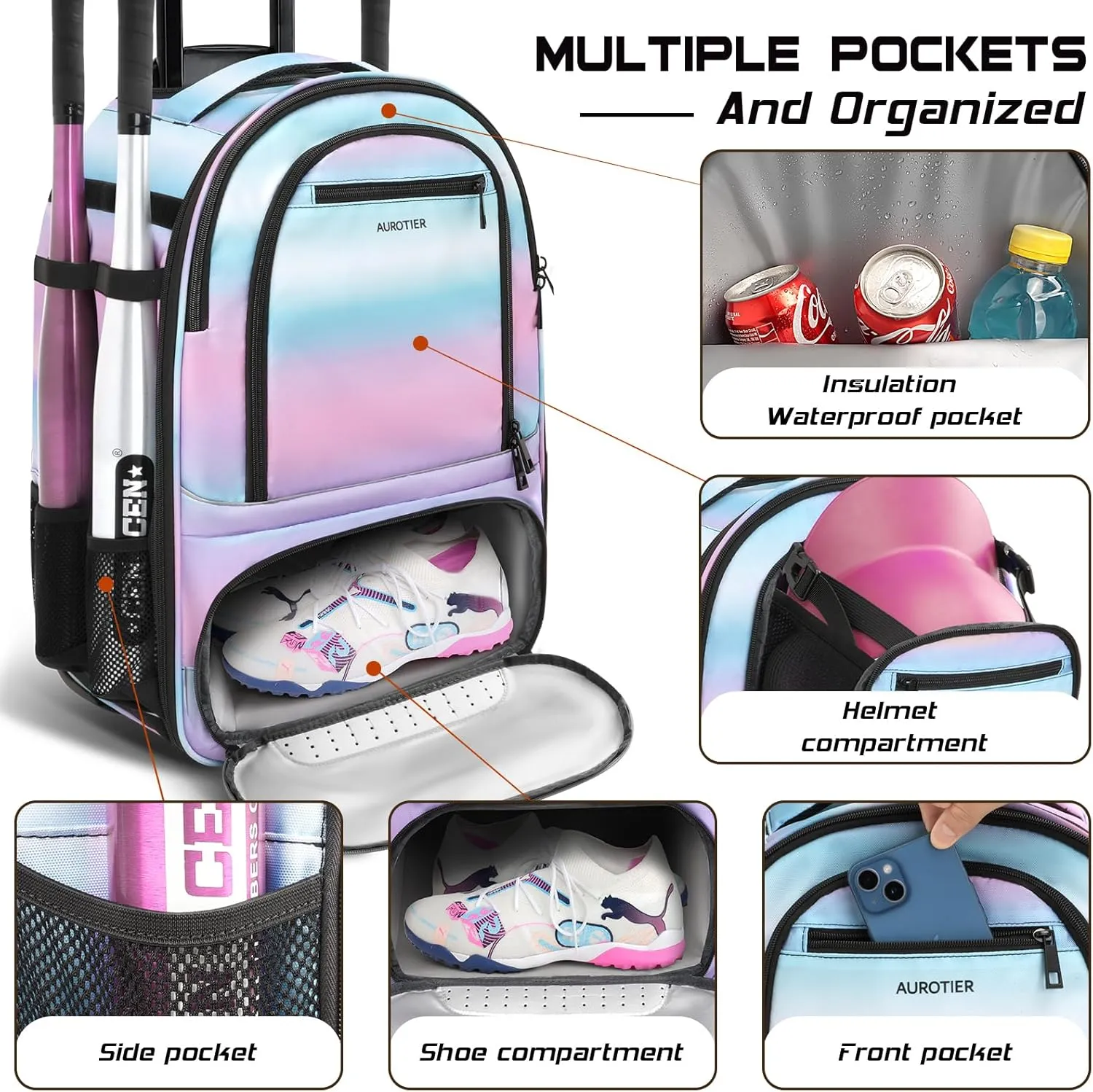 Rolling Baseball Backpack with Off-road Wheels, Wheeled Catchers Gear Bag for Baseball Equipment, 4 Bats, Large Softball Bag for TBall, Helmet & Accessories with Fence Hook