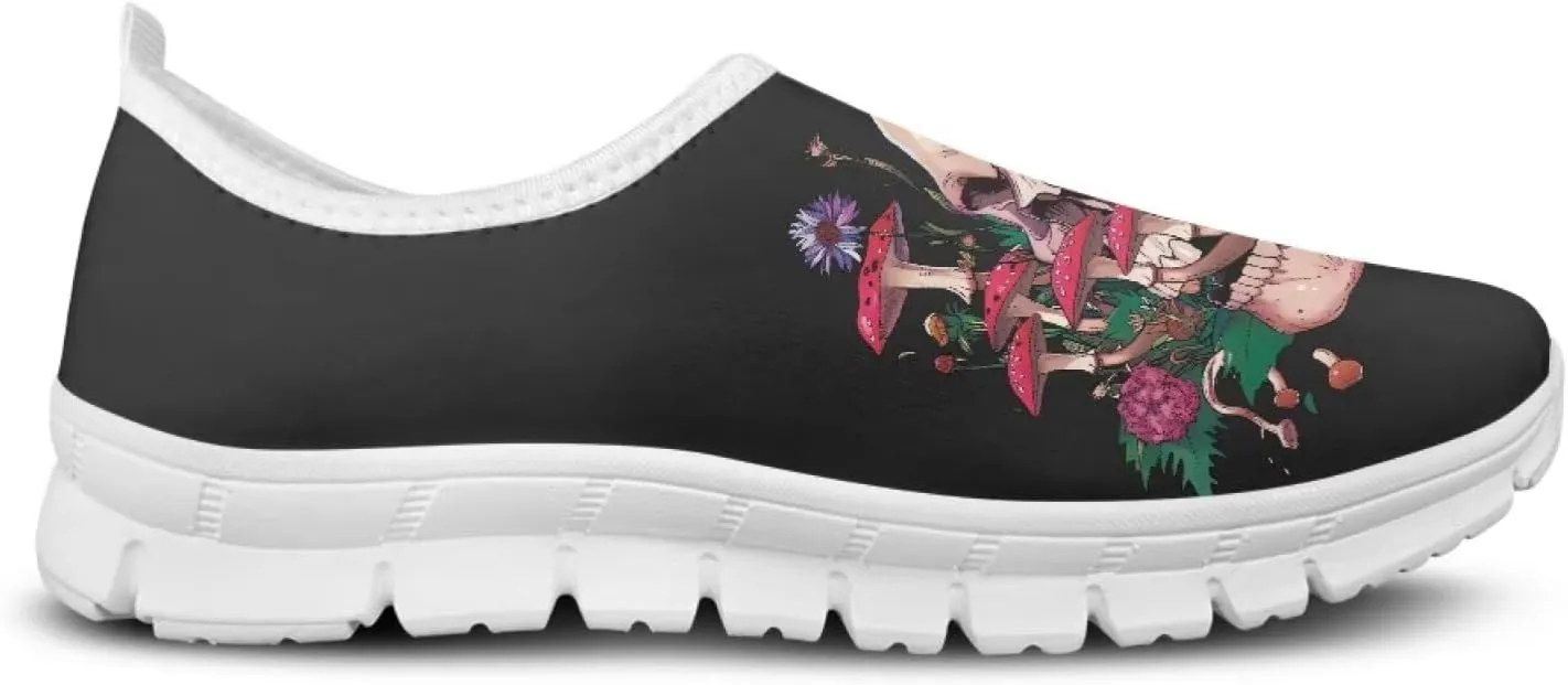 Rose Skull Print Women's Loafers Slip On Slip Shoe Casual Walking Shoes Non Slip Work Shoes Mesh Athletic Sneakers