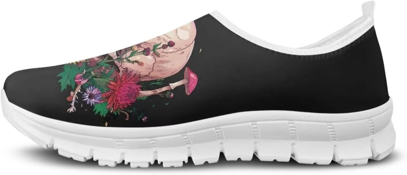 Rose Skull Print Women's Loafers Slip On Slip Shoe Casual Walking Shoes Non Slip Work Shoes Mesh Athletic Sneakers