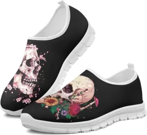 Rose Skull Print Women's Loafers Slip On Slip Shoe Casual Walking Shoes Non Slip Work Shoes Mesh Athletic Sneakers