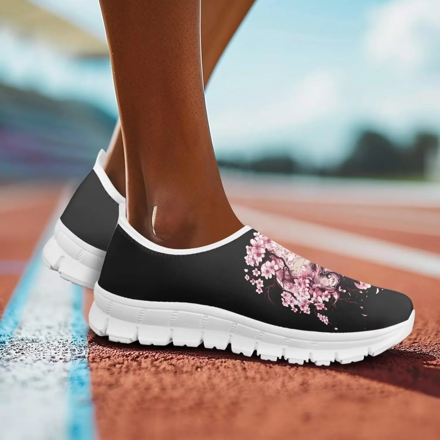 Rose Skull Print Women's Loafers Slip On Slip Shoe Casual Walking Shoes Non Slip Work Shoes Mesh Athletic Sneakers
