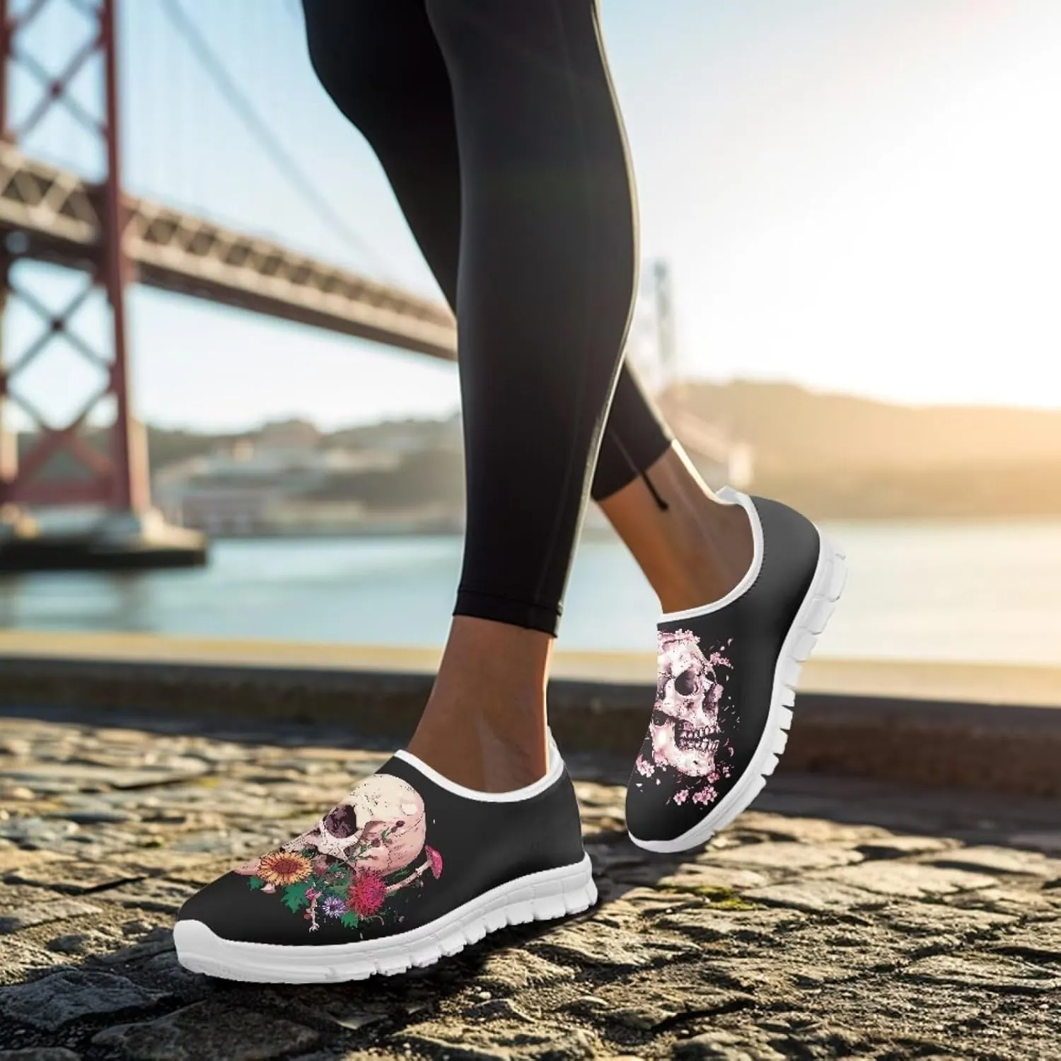 Rose Skull Print Women's Loafers Slip On Slip Shoe Casual Walking Shoes Non Slip Work Shoes Mesh Athletic Sneakers