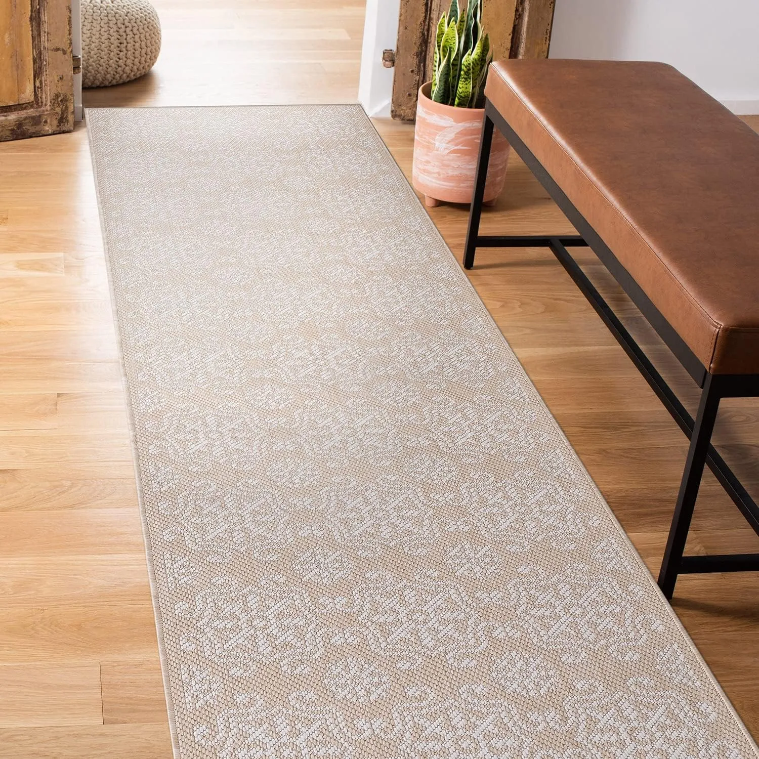 Rugshop Budelli Transitional Geometric Textured Flat Weave Easy Cleaning Outdoor Rugs for Deck,Patio,Backyard Indoor/Outdoor Runner Rug 2' x 7' Natural