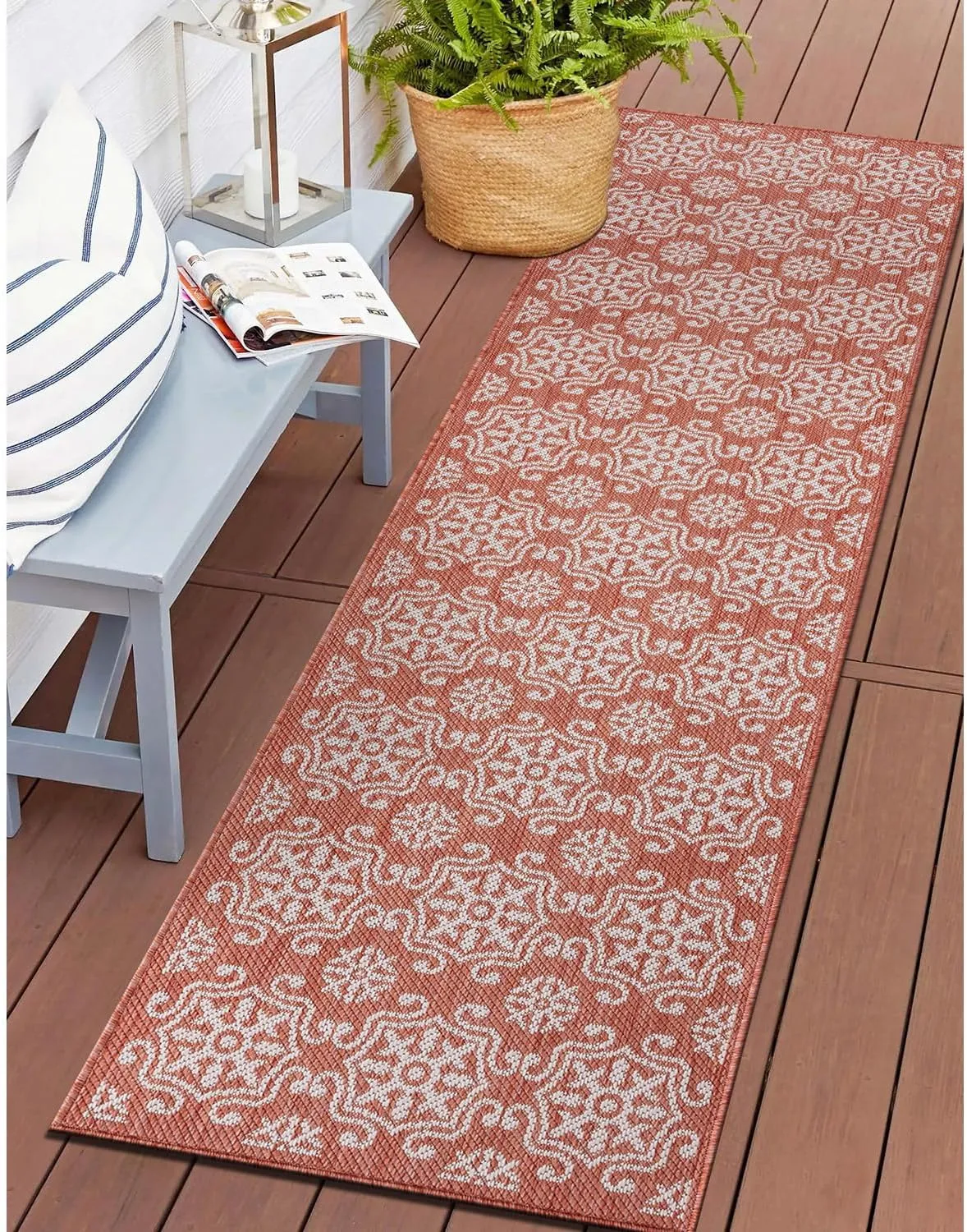 Rugshop Budelli Transitional Geometric Textured Flat Weave Easy Cleaning Outdoor Rugs for Deck,Patio,Backyard Indoor/Outdoor Runner Rug 2' x 7' Terra