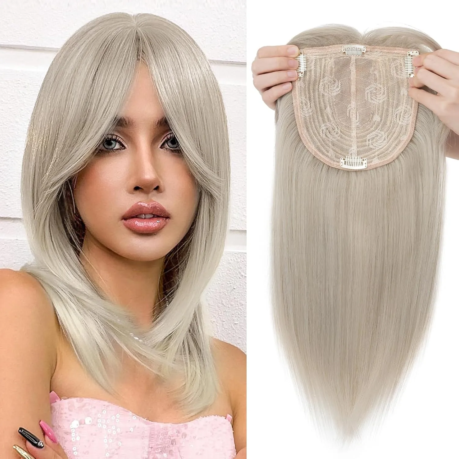 S-noilite 14inch Hair Toppers for Women with Bang Long Straight Clip in HairPieces for Women with Thinning Hair Add Volume 14inch Mixed Grey
