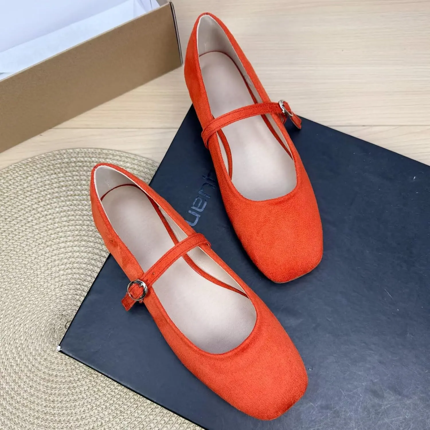 SAILING LU Women's Mary Jane Ballet Flats Square Toe Flat Shoes Suede Dress Shoes Comfortable Wear to Work Slip On Moccasins